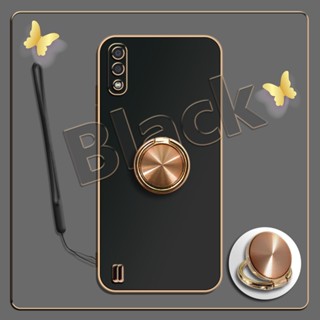 เคสซิลิโคนนิ่ม ชุบไฟฟ้า 360 องศา สําหรับ Samsung A01°ขาตั้งแหวนโลหะ และสายคล้องซิลิโคน