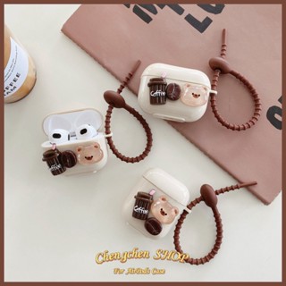 เคสหูฟัง ลายหมีกาแฟ สีเบจ พร้อมสายเคเบิล สําหรับ AirPods Pro2 2023 AirPods3 AirPodsPro AirPods2gen