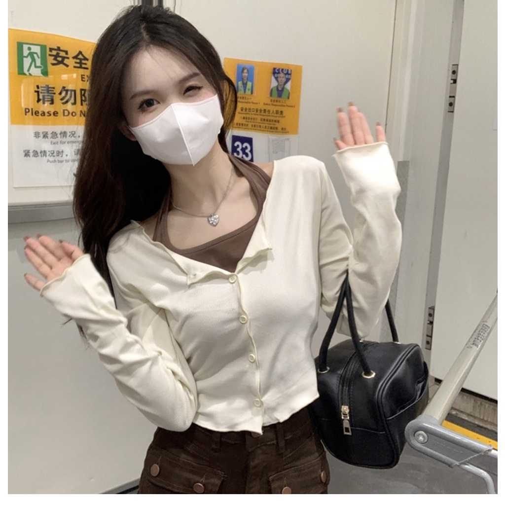HCMC EXPRESS เสื้อยืดกระดุมจั๊มแขนยาวพร้อมเสื้อคล้องคอสีขาวสีน้ําตาลแบบสั้น ATTD12