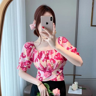 IVSD Floral Shirts Back Strappy Bow Square Neck Tight Waist Blouses Tops