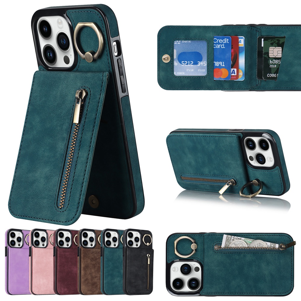 Vintage แหวนสําหรับ iPhone XR XS 11 12 13 14 15 16 Pro Max กรณี PU หนังแฟชั่นซิปกระเป๋าสตางค์ปกหลัง