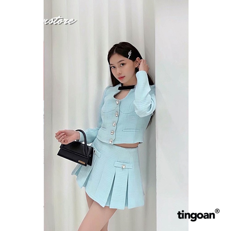 Tingoan - เสื้อเชิ้ตผ้าทวีตสีน้ําเงินเว้าเอวและผูกโบว์ BABY DIAMOND TOP/BLUE