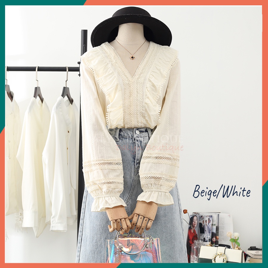 Qc เสื้อเชิ้ตแขนยาวปักคอวีสไตล์เกาหลี Ruffle Hem - Dalyn