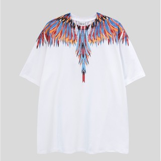 เสื้อยืดแขนสั้น ผ้าฝ้าย พิมพ์ลายปีกป่า สีขาว และสีดํา