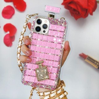 เคส iPhone เคสโทรศัพท์ เคสโทรศัพท์ติดเพชร เคสโทรศัพท์มือถือนิ่ม ลายขวดน้ําหอม ประดับเพชร พลอยเทียม พร้อมสายคล้อง หรูหรา สายคล้อง สําหรับ Apple iPhone 11 Pro Max 14 Pro Max 14 Plus 12 Pro Max 13 Pro Max X XR XS Max 7Plus 8Plus Case