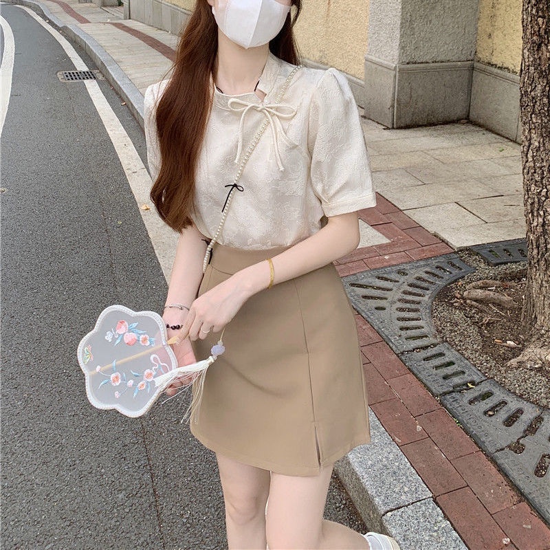 【เซต2ชิ้น】ชุดเซตสไตล์เกาหลี✨แขนสั้น เสื้อเชิ้ตฝรั่งเศส+กระโปรงสีกากี สไตล์ย้อนยุค✨ใส่ไปปาร์ตี้ได้ S-XL ราคา ถูกที่สุด ดีลบีเคเค แกลเลอรีภาพที่ 2