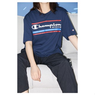 เสื้อยืดแขนสั้น พิมพ์ลายโลโก้ Champion SS20 ลายทาง สไตล์สปอร์ต สําหรับคู่รัก