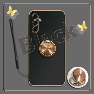 เคสซิลิโคนนิ่ม ชุบไฟฟ้า 360 องศา สําหรับ Samsung A14 4G A14 5G°ขาตั้งแหวนโลหะ และสายคล้องซิลิโคน