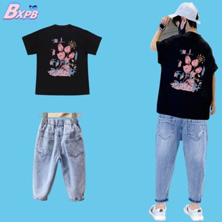 Bxpb- ชุดเสื้อยืดแขนสั้น และกางเกงยีน ทรงหลวม ใส่สบาย แฟชั่นฤดูร้อน สําหรับเด็ก ไซซ์ 110-170