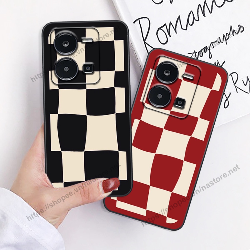 เคส Vivo Y35 / V25 / V25E หน้ายิ้ม ลายตารางสีดําแดงเรียบง่ายและน่ารัก