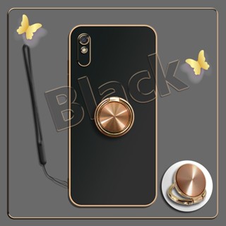 เคสซิลิโคนนิ่ม ชุบไฟฟ้า 360 องศา สําหรับ Redmi 9A°ขาตั้งแหวนโลหะ และสายคล้องซิลิโคน