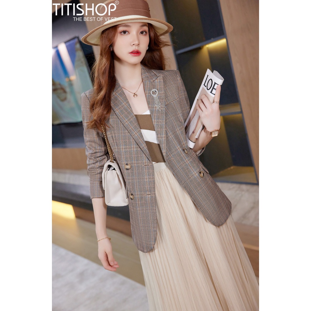 Titishop BNN608 เบลเซอร์ผู้หญิงลายหมากรุก (S-4XL)