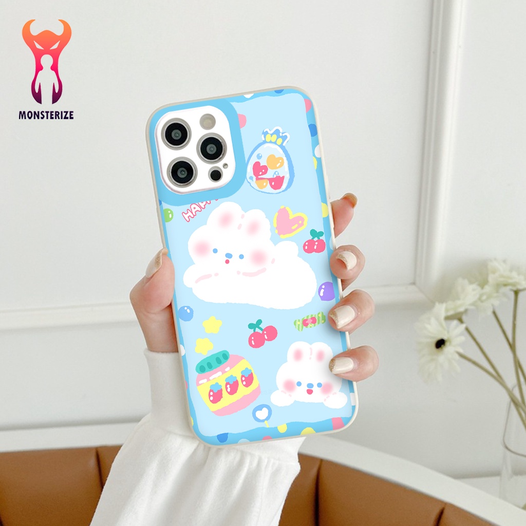 IPHONE Happy bear เคสป้องกัน tpu สีส้มพร้อมพื้นหลังสีฟ้าสําหรับ 7 8 Plus 6 6s Plus 11 13 12 14 Pro M