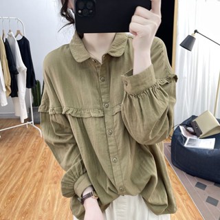 เสื้อเชิ้ตแขนยาว ผ้าฝ้าย และผ้าลินิน แต่งระบาย แฟชั่นฤดูใบไม้ผลิ และฤดูใบไม้ร่วง สไตล์เรโทร สําหรับผู้หญิง