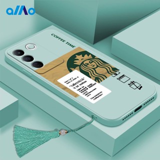 เคสโทรศัพท์มือถือแบบนิ่ม ลายฉลาก Starbucks สไตล์จีน พร้อมพู่ สําหรับ Vivo V27 V27e V27 Pro Vivo V25 V25e V25 Pro Vivo Y100 5G Y56 Y55s 5G