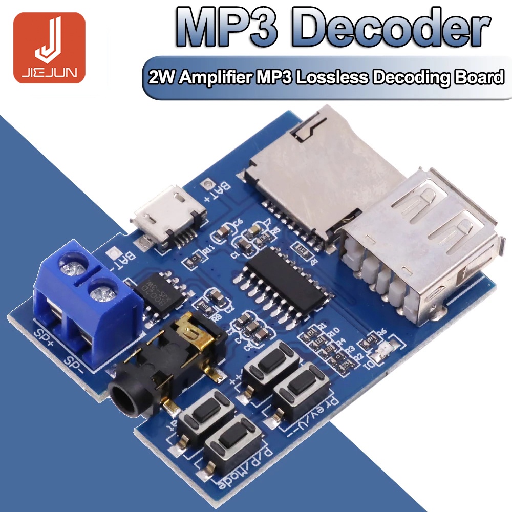 บอร์ดถอดรหัส MP3 Lossless พร้อมโมดูลเครื่องขยายเสียง 2W MP3 ถอดรหัส TF Card U Disk Decoding Player