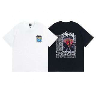 Stussy ฤดูร้อน ใหม่ แฟชั่น ผ้าฝ้าย แขนสั้น เสื้อยืด คอกลม ขนาดใหญ่ พิมพ์ลายดอกไม้ เสื้อยืดแขนสั้น