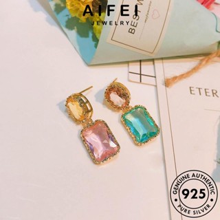 AIFEI JEWELRY ผู้หญิง คอลัมน์สี่เหลี่ยม เครื่องประดับ แฟชั่น คริสตัลเพชรสีชมพู เกาหลี 925 หนีบ ห่วง Silver เครื่องประดับ แท้ เงิน ต่างหู ต้นฉบับ ตุ้มหู E1046