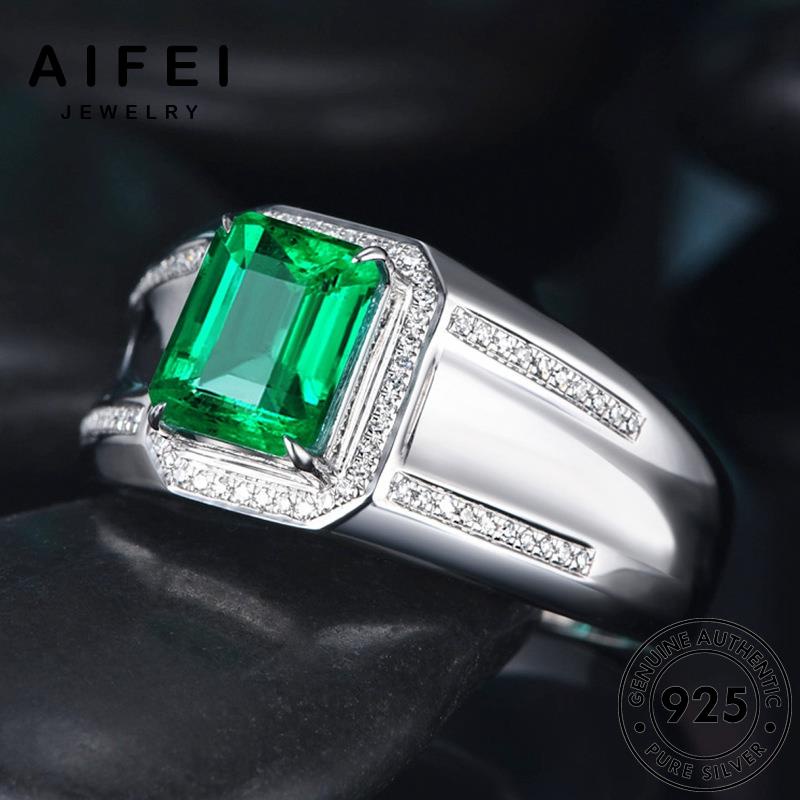 AIFEI JEWELRY เกาหลี แท้ เครื่องประดับ แฟชั่น 925 Silver เงิน เรียบง่าย เครื่องประดับ ต้นฉบับ ไพลินมรกต ผู้ชาย แหวน M077