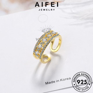 Aifei JEWELRY แหวนเงิน 925 ประดับเพชรโมอิส สีทอง เรียบง่าย สําหรับผู้หญิง R234