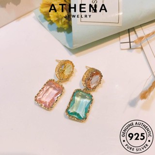 ATHENA JEWELRY Silver ตุ้มหู ห่วง 925 แท้ เครื่องประดับ แฟชั่น คอลัมน์สี่เหลี่ยม เครื่องประดับ เกาหลี ต่างหู เงิน ผู้หญิง ต้นฉบับ คริสตัลเพชรสีชมพู หนีบ E1046