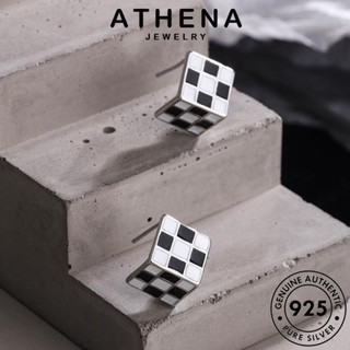 ATHENA JEWELRY หนีบ ห่วง ต้นฉบับ Silver ต่างหู เกาหลี แฟชั่น เครื่องประดับ ตุ้มหู เงิน แท้ เครื่องประดับ กระดานหมากรุกขาวดำ ผู้หญิง 925 E674