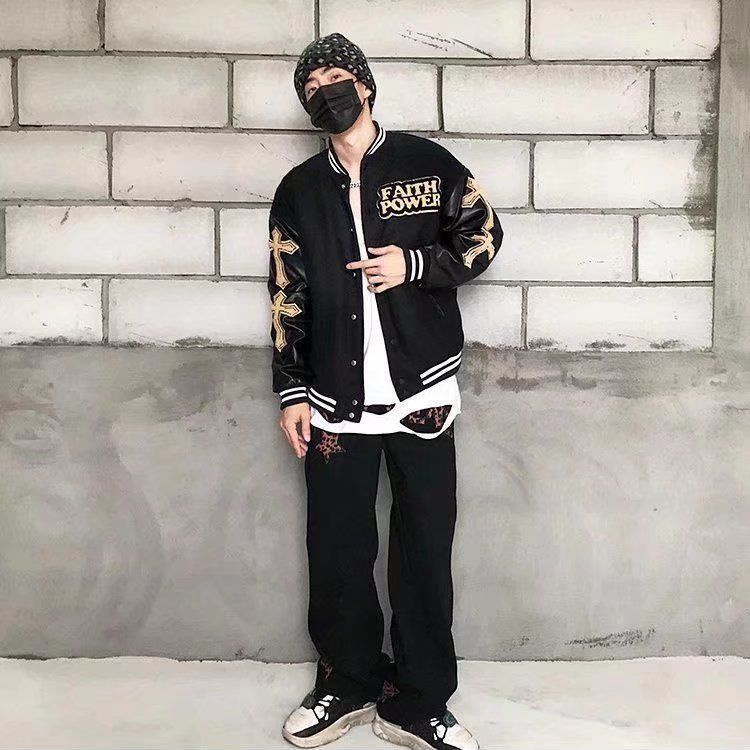 เสื้อแจ็กเก็ตเบสบอล ผ้าวูล ปักลาย สไตล์สตรีทอเมริกัน ย้อนยุค ทรงหลวม สําหรับผู้ชาย