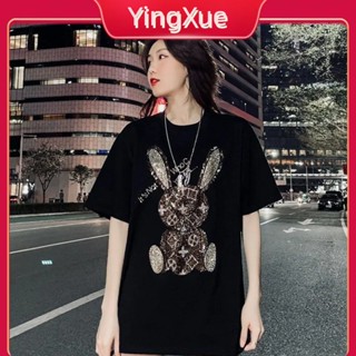 【ใหม่】เสื้อยืดแขนสั้น ความยาวปานกลาง ประดับเพชร สไตล์ยุโรป สําหรับผู้หญิง 2023