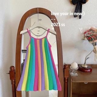 ชุดเดรสกระโปรง แขนกุด ลายทาง สีรุ้ง สไตล์เกาหลี สําหรับเด็กผ…