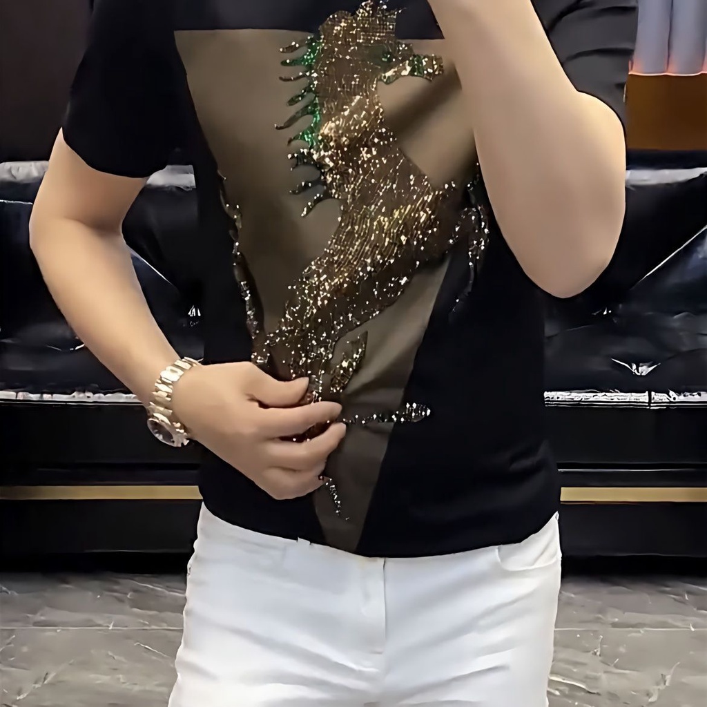 Station Tide Brand Light Luxury Men S แฟชั่นฤดูร้อนใหม่ผ้าไหมน้ําแข็งร้อนเพชรเสื้อยืดแขนสั้น