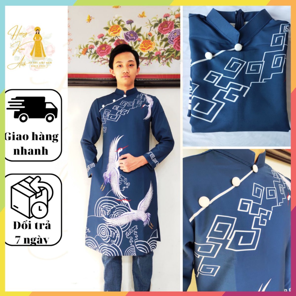 นวัตกรรมผู้ชาย ao dai " Crane " ออกแบบด้วย motifs ชาติพันธุ์แบบดั้งเดิม - ผู้ชาย ao dai ในถ่านสีน้ําเงิน