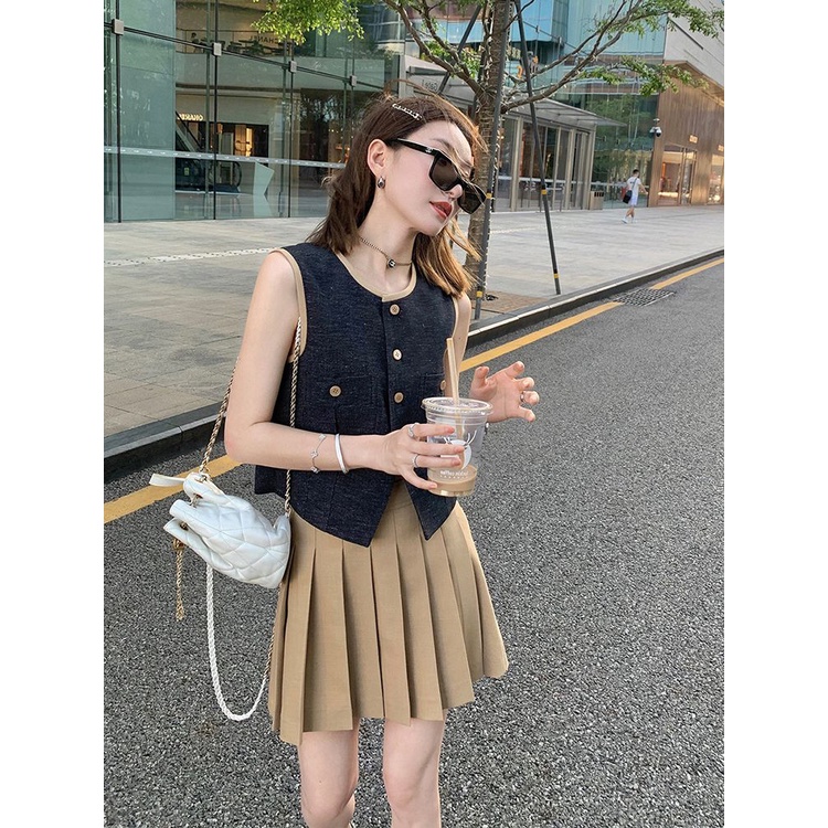 เสื้อกั๊กกระโปรงพลีท สองชิ้น แฟชั่นสไตล์ตะวันตก สําหรับเด็กผู้หญิง