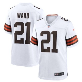 เสื้อกีฬารักบี้แขนสั้น ทรงหลวม ขนาดใหญ่ ลายทีมเต้นรํา NFL Cleveland Browns Cleveland Browns Rugby Jersey สไตล์ยุโรป และอเมริกา เสื้อกีฬาแขนสั้น ลายทีม Denzel Ward 21 ชุดเยือน สําหรับผู้ชาย