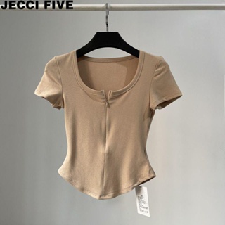 Jecci FIVE เสื้อยืดคอกลม แขนสั้น มีซิป สไตล์ยุโรป อเมริกัน สําหรับผู้หญิง