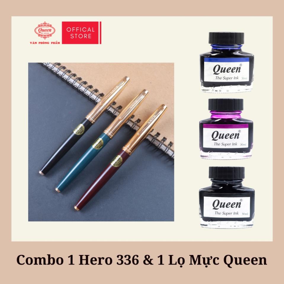 ปากกาหมึกซึม Hero 336 Combo & Queen ink - (1 ด้าม & หมึก 1 ขวด สีเสริม) - Queen