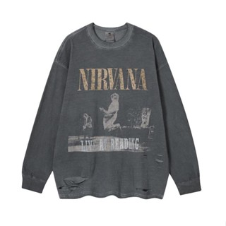 ใหม่ เสื้อยืดแขนยาว ผ้าฝ้ายแท้ ลายวง Nirvana สไตล์วินเทจ อเมริกัน เรโทร