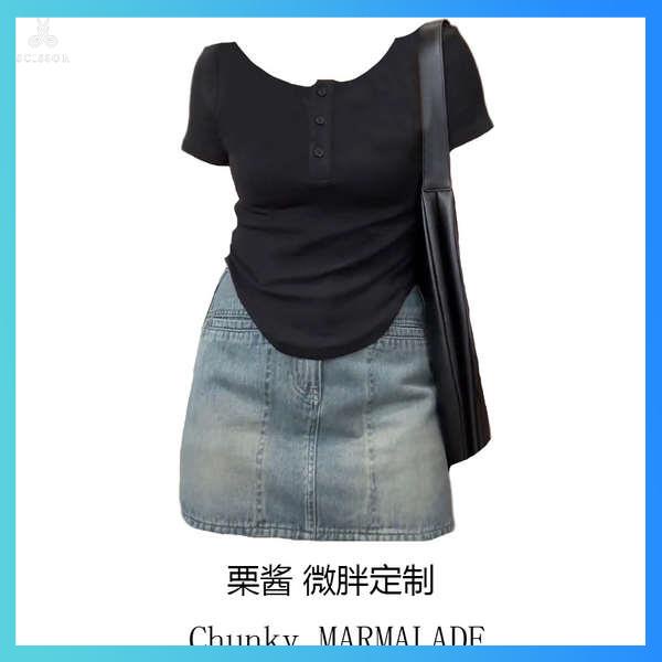 ชุดเซ็ทสาวอวบ ชุดเซ็ทคนอ้วน เสื้อยืดแขนสั้นสีดำแขนสั้นสำหรับสาวอวบไซส์ใหญ่คลุมสะโพกกระโปรงเอวสูงใส่แ