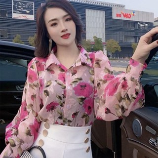 Hela Beauty Wear Dongdaemun เสื้อเชิ้ตลําลอง คอปก ทรงหลวม ลายดอกไม้ แฟชั่นฤดูใบไม้ร่วง 2022