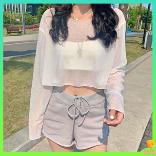 เสื้อครอปแขนยาวไหมพรม เสื้อครอปแขนยาวสาวอวบ เสื้อกันแดดผู้หญิงสวมหัวแบบสั้นเสื้อเอวสูงโชว์สะดือโปร่งใสขนาดเล็กเสื้อกลวงเสื้อเอวสูงเสื้อกันแดดเสื้อคลุมไหล่ผู้หญิง