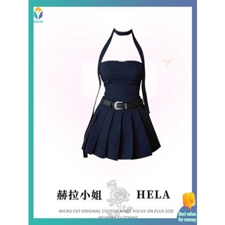 เกาะอก เกาะอกแฟชั่น HELA ชุดเดรสเกาะอกแนววินเทจสไตล์อเมริกันสำหรับสาวอวบฤดูร้อน2023ไซส์ใหญ่สุดฮอตกระโปรงสั้นจีบเอวสตรี