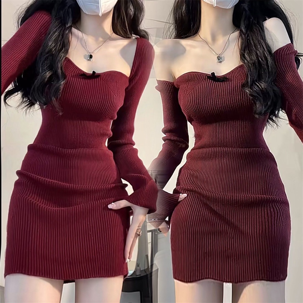 พร้อมส่ง แฟชั่นสไตล์เกาหลี สีแดง แขนยาว คอเหลี่ยม ชุดเดรสผ้าถัก กระโปรงสะโพกสลิมเซ็กซี่