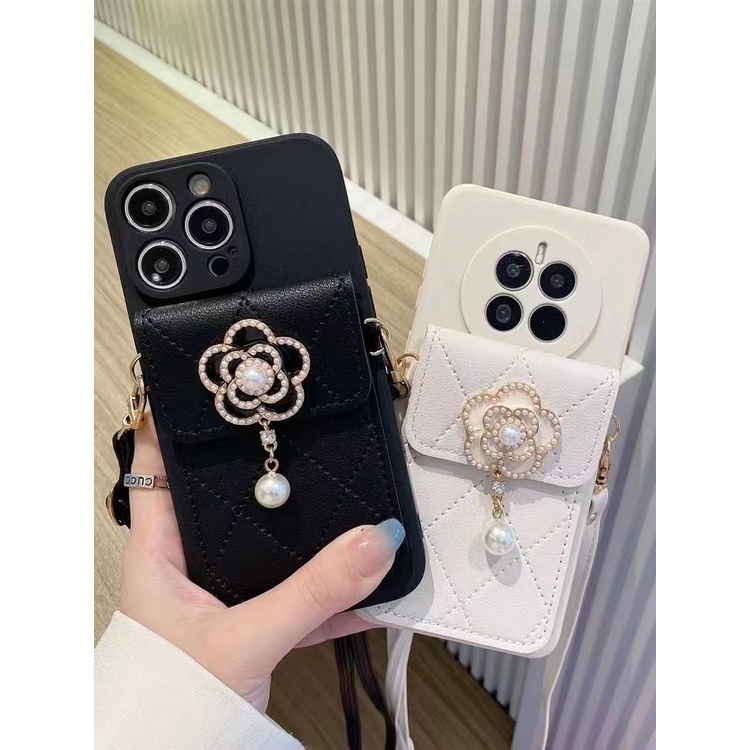 เคสโทรศัพท์มือถือ ลายดอกคามิเลีย พร้อมกระเป๋าใส่บัตร ประดับมุก สําหรับ Samsung A13 A12 A23 A52 5G A32 A51 A71 A50S A30S A34 A14 A54 A04S A03S