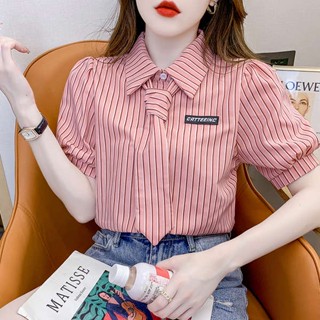 เสื้อเชิ้ตโปโล แขนสั้น ลายทาง สีชมพู แฟชั่นฤดูร้อน สไตล์เรโทร
