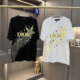 Dior 2023 เสื้อยืดคอกลม แขนสั้น พิมพ์ลายโลโก้ตัวอักษร ทรงหลวม สําหรับผู้ชาย และผู้หญิง