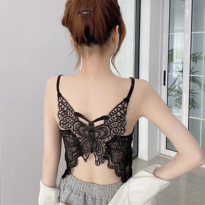 [42.5-80 กก.] เสื้อสายเดี่ยว ผ้าลูกไม้ ลายผีเสื้อ ขนาดเล็ก เหมาะกับฤดูร้อน สําหรับผู้หญิง
