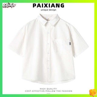 เสื้อเชิ้ตสีขาวผู้หญิง เสื้อนักศึกษา PAIXIANG/เสื้อเชิ้ตแขนสั้นคอ POLO ผ้าฝ้ายสีขาวสำหรับผู้หญิงเสื้อเชิ้ตทรงหลวมแบบลำลองแบบใหม่สำหรับฤดูร้อนปี2023