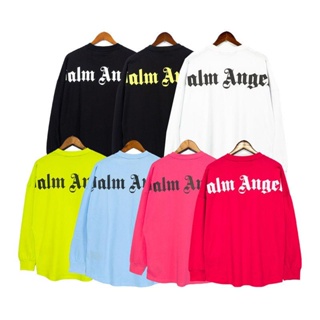 Palm Angels เสื้อยืดแขนยาว เปิดไหล่ ทรงหลวม พิมพ์ลายตัวอักษร Palm Angels สําหรับผู้ชาย และผู้หญิง