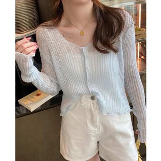 เสื้อคลุมไหมพรม cardigan เสื้อกันแดดเสื้อคลุมไหล่แบบบางสำหรับผู้หญิงชุดเดรสสายเดี่ยวสำหรับฤดูร้อนเสื้อคาร์ดิแกนถักผ้าไหมน้ำแข็งด้านนอกเสื้อโค้ทตัวเล็ก