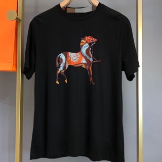 Hermes เสื้อยืดแขนสั้น พิมพ์ลายโลโก้ม้า เรียบง่าย 2022SS สําหรับนักเรียน