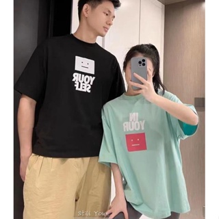 เสื้อยืดคอกลม แขนสั้น พิมพ์ลายตัวอักษรหน้ายิ้ม สไตล์คลาสสิก เหมาะกับฤดูใบไม้ผลิ และฤดูร้อน